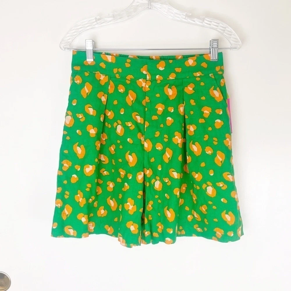 Tabitha Brown Green Orange Leopard Print Linen Shorts Size XS